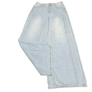 Light Wash Offset Seam Detail Wide Leg Jeans